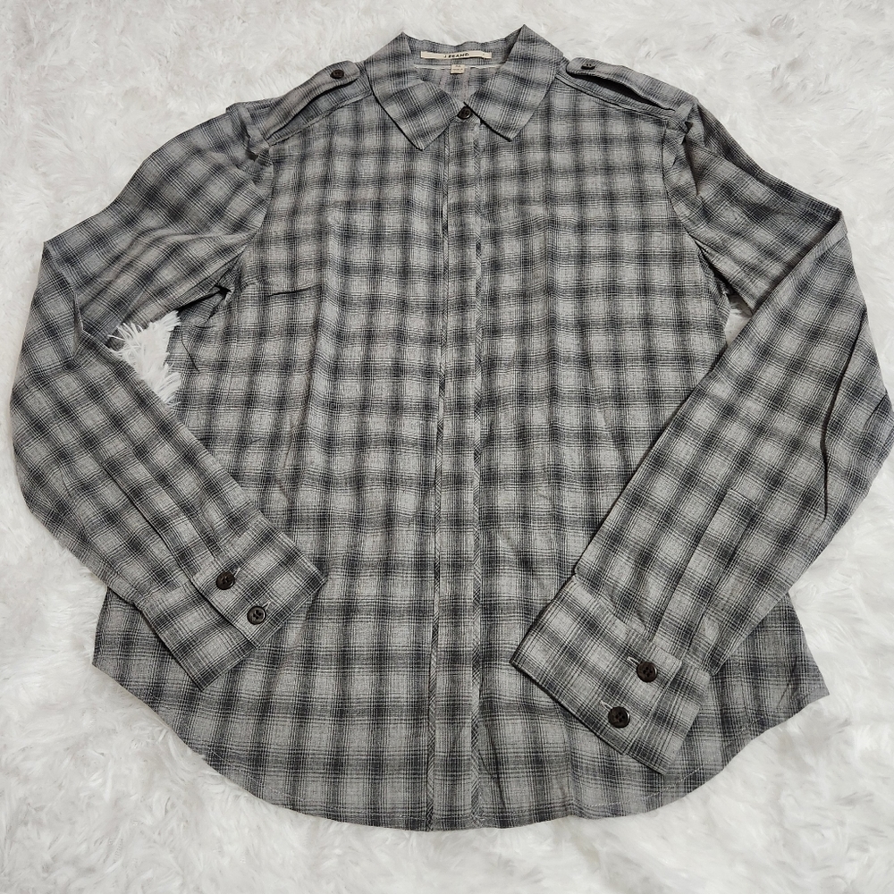 J Brand Gray Plaid Epaulette Embellished Button Down Shirt
